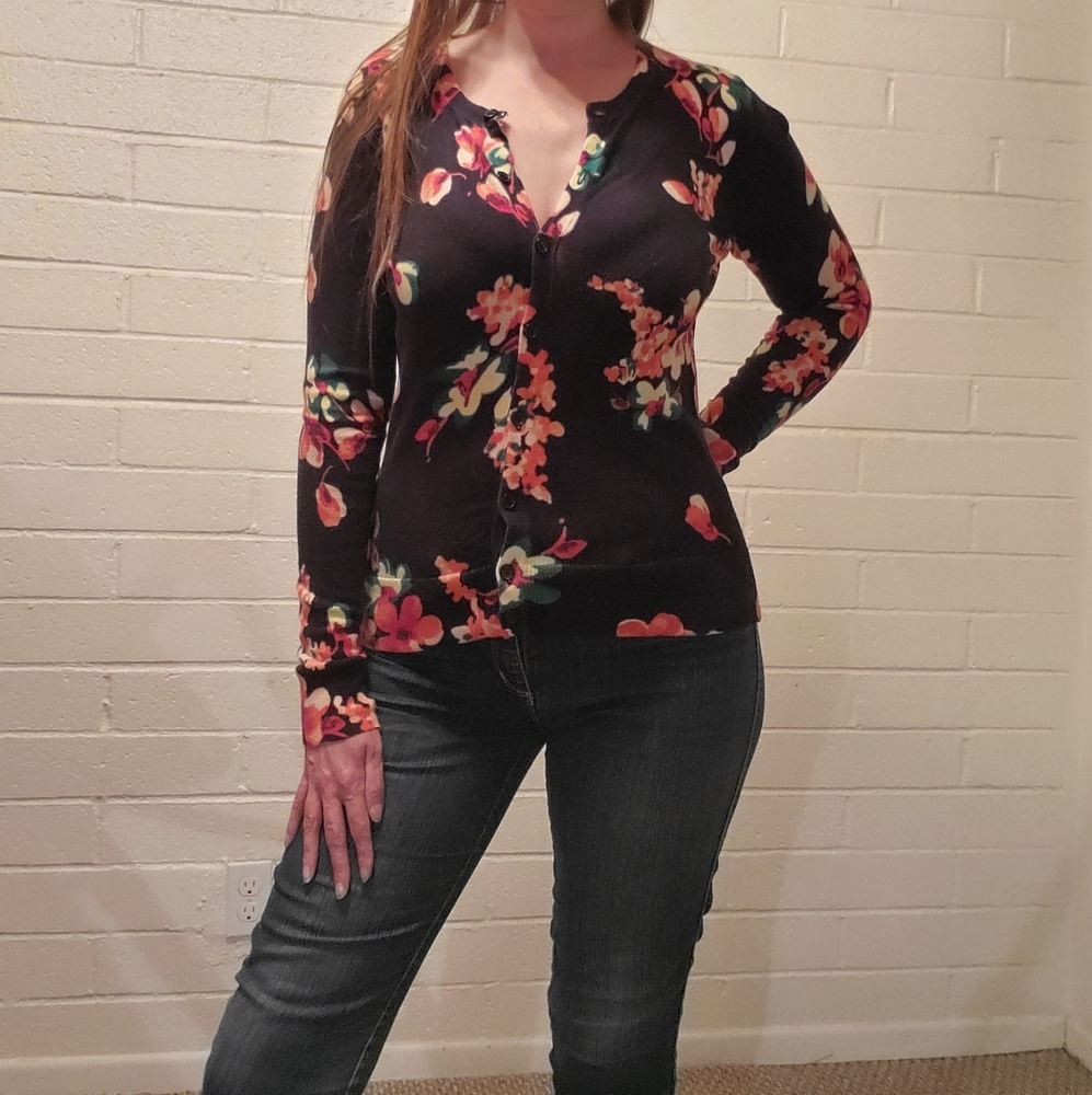 Flowered Sweater Cardigan Black Background